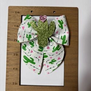 Glittery Cactus Kids Hair Bow Green, White and Pink